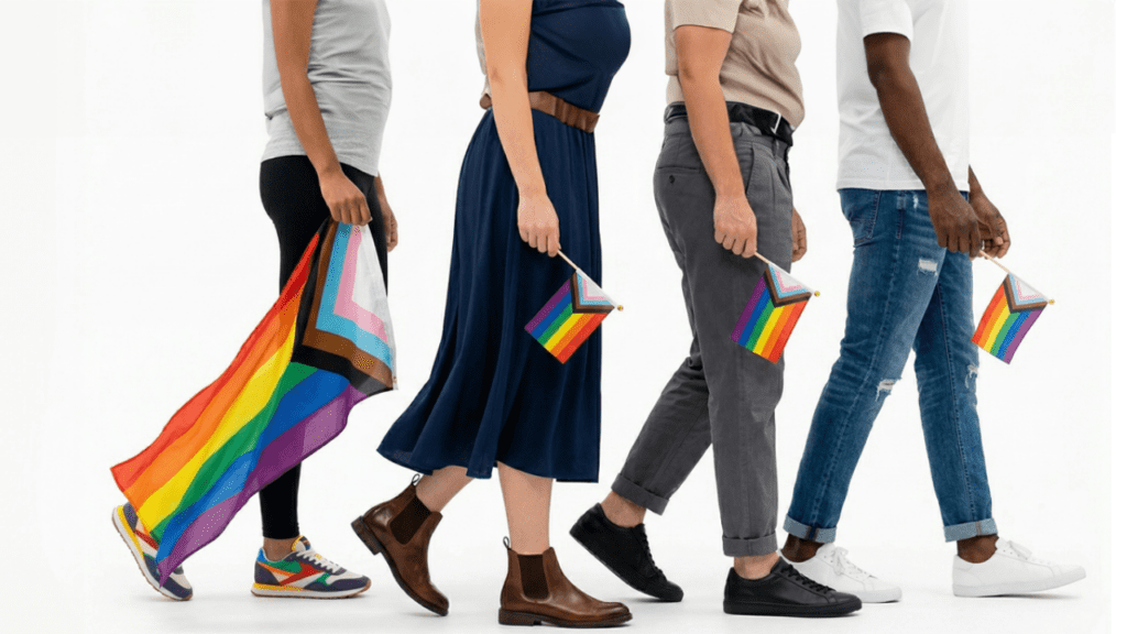Pessoas diferentes caminhando segurando bandeiras coloridas em formato de arco-íris, representando diversidade e apoio à comunidade LGBTQIAPN+ em um cenário branco.